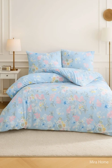 Çift Kişilik Pamuklu Nevresim Takımı Mavi Çiçek Desenli - 2