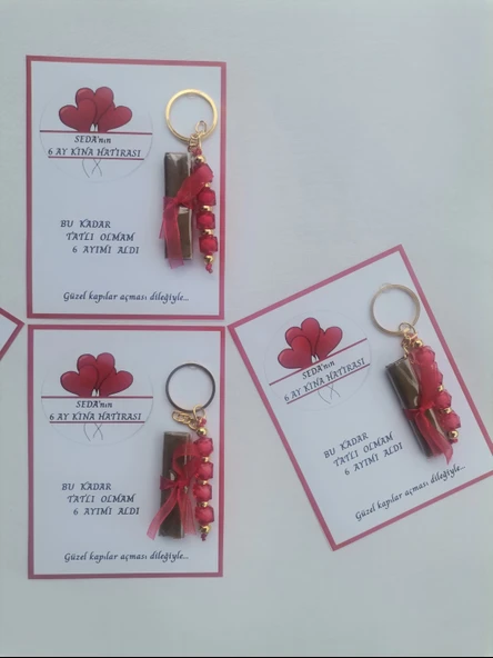 64 Adet Kişiye Özel 6 Ay Kına Hatırası Kırmızı Anahtarlık ve Paketlenmiş Kına Dağıtmalık Hediyelik - Resim 3