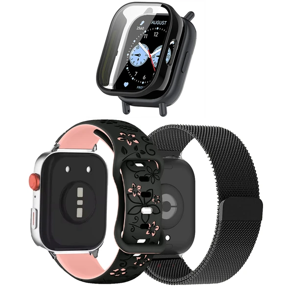 3'lü Kordon Koruma Seti Redmi Watch 5 Active Uyumlu Metal Hasır,Çiçek Desenli Silikon Kasa Koruyucu  MDL15 ürün görseli