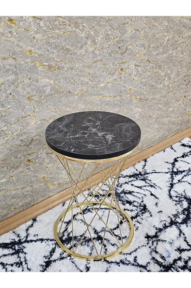 Gold Kaplama Pota Sehpa - Sehpa - Ahşap Sehpa - Metal Sehpa - Sunta Sehpa - Tek Sehpa - Zigon Sehpa Siyah Mermer Renk 34 x 47 Boyut/Ebat - 2