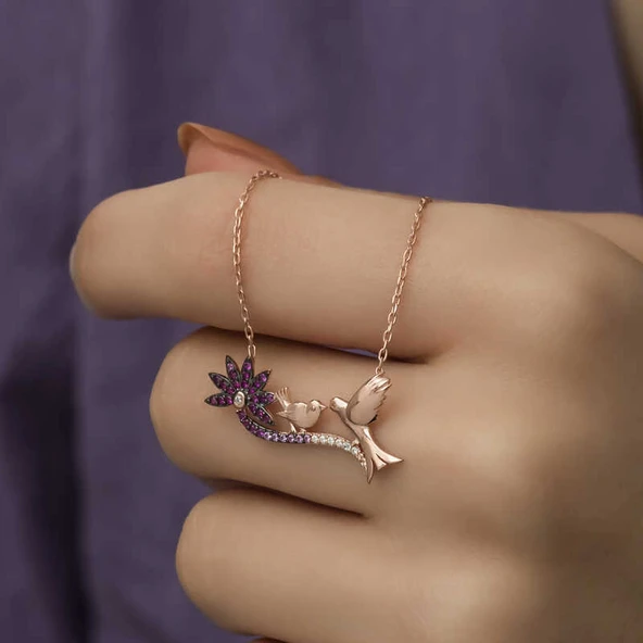 ​Gümüş Rose Anne Ve Yavru Kuş Bayan Kolye - Resim 4