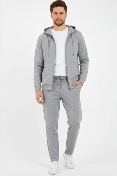 Gri Kapüşonlu Regular Fit Hırka Düz Paça Erkek Eşofman Takımı 3861