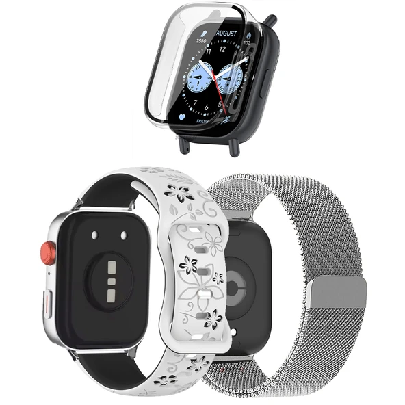 3'lü Kordon Koruma Seti Redmi Watch 5 Active Uyumlu Metal Hasır,Çiçek Desenli Silikon Kasa Koruyucu  MDL12 ürün görseli 1