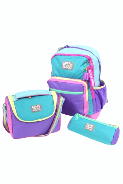 CH 23759 Turkuaz - Renkli Şeritler - 3' Lü Okul Çantası Seti - Sırt Ve Beslenme Çantası + Kalemlik
