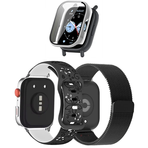 3'lü Kordon Koruma Seti Redmi Watch 5 Active Uyumlu Metal Hasır,Çiçek Desenli Silikon Kasa Koruyucu  MDL4 ürün görseli 1