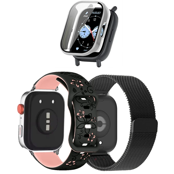 3'lü Kordon Koruma Seti Redmi Watch 5 Active Uyumlu Metal Hasır,Çiçek Desenli Silikon Kasa Koruyucu  MDL3 ürün görseli