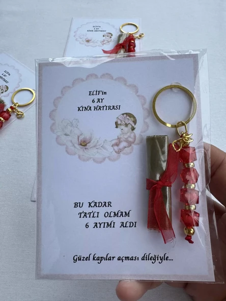 32 Adet Kişiye Özel 6 Ay Kına Hatırası Kırmızı Anahtarlık ve Paketlenmiş Kına Dağıtmalık Hediyelik - Resim 5