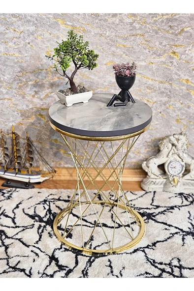 Gold Kaplama Pota Sehpa - Sehpa - Ahşap Sehpa - Metal Sehpa - Sunta Sehpa - Tek Sehpa - Zigon Sehpa Siyah Mermer Renk 34 x 47 Boyut/Ebat - 9