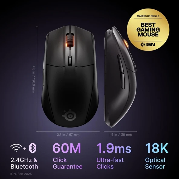 Rival 3 Wireless Gen 2 Gaming Mouse - 2.4ghz ve Bluetooth Bağlantı - Siyah - 2