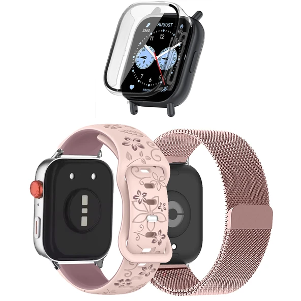 3'lü Kordon Koruma Seti Redmi Watch 5 Active Uyumlu Metal Hasır,Çiçek Desenli Silikon Kasa Koruyucu  MDL11 ürün görseli