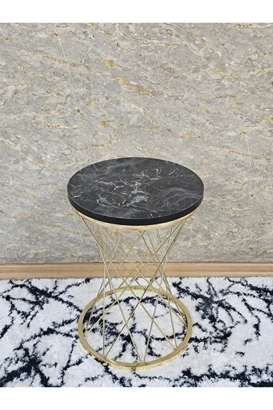 Gold Kaplama Pota Sehpa - Sehpa - Ahşap Sehpa - Metal Sehpa - Sunta Sehpa - Tek Sehpa - Zigon Sehpa Siyah Mermer Renk 34 x 47 Boyut/Ebat