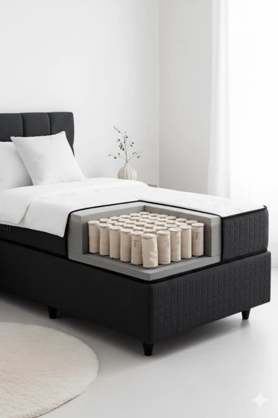 Nova Yatak 80x180 Tek Kişilik - 25 cm Paket Yaylı Ortopedik, Orta Sert, Antrasit, Pamuklu Kumaş - 7