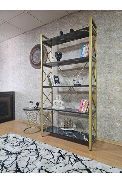 Gold Boyalı Kitaplık - 5 Raflı Suntalem Lüks Kitaplık Luanda