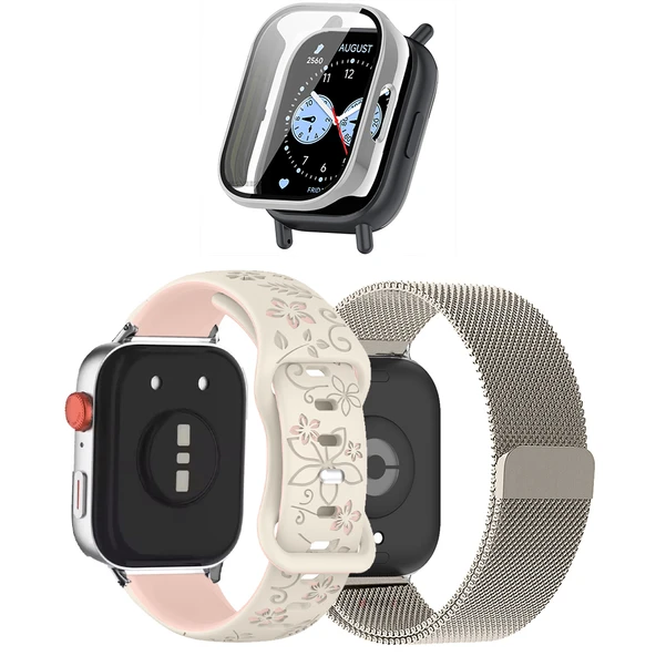 3'lü Kordon Koruma Seti Redmi Watch 5 Active Uyumlu Metal Hasır,Çiçek Desenli Silikon Kasa Koruyucu  MDL2 ürün görseli