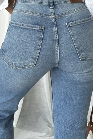  Paçaları Dikişsiz Yüksek Belli Mom Fit Kadın Kot Pantolon  Mavi Jean