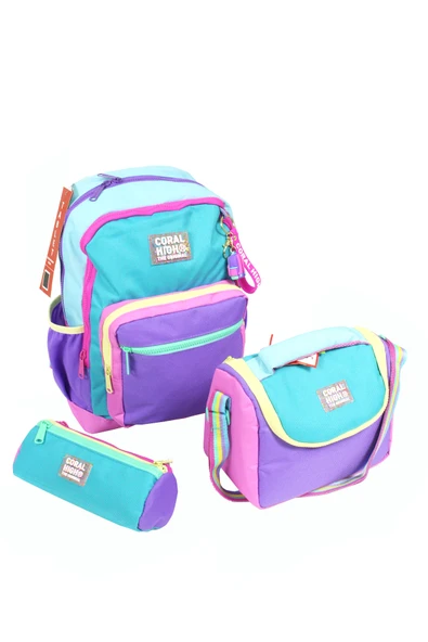 CH 23759 Turkuaz - Renkli Şeritler - 3' Lü Okul Çantası Seti - Sırt Ve Beslenme Çantası + Kalemlik - 2