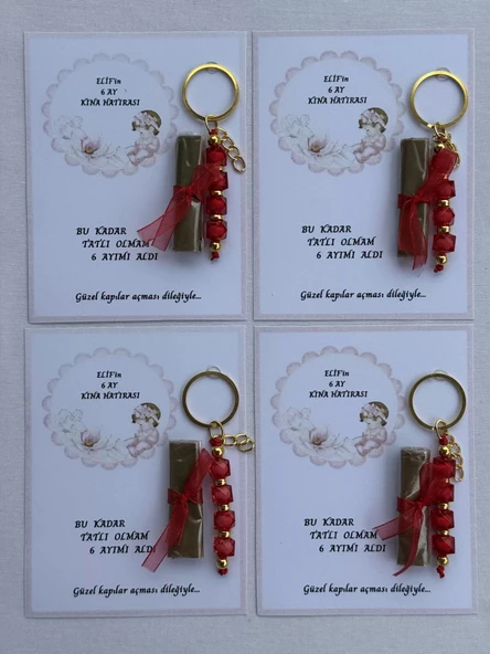 32 Adet Kişiye Özel 6 Ay Kına Hatırası Kırmızı Anahtarlık ve Paketlenmiş Kına Dağıtmalık Hediyelik - Resim 3