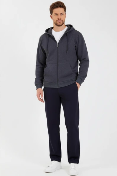 Antrasit Kapüşonlu Regular Fit Hırka Düz Paça Erkek Eşofman Takımı 3861