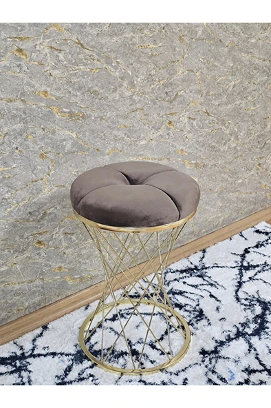 Yuvarlak Gold Kaplama Puf Oturak - Bench - Ayak Ucu Oturak - Tabure - Makyaj Oturak - 7