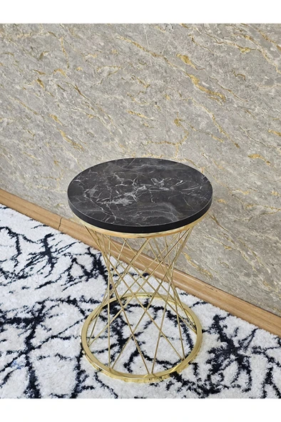 Gold Kaplama Pota Sehpa - Sehpa - Ahşap Sehpa - Metal Sehpa - Sunta Sehpa - Tek Sehpa - Zigon Sehpa Siyah Mermer Renk 34 x 47 Boyut/Ebat - 3