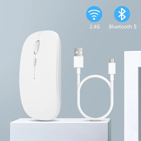 Apple Macbook Şarj Edilebilir Sessiz Mouse Bluetooth + 2.4Hz Wifi Kablosuz Mouse Fare  Beyaz - Resim 3