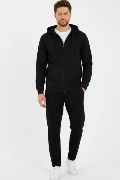 Siyah Kapüşonlu Regular Fit Hırka Düz Paça Erkek Eşofman Takımı 3861 - 6
