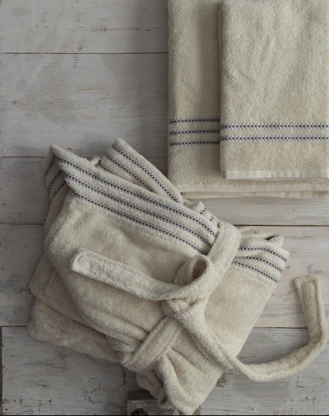 Penye Modeo Bornoz Yeşil/Ekru Aile Seti - 9