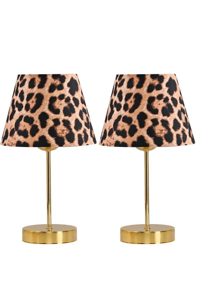 Star Gold Metal Ayaklı Abajur Leopar Desenli Kumaş Başlık Yatak Odası Salon Masa Lambası 2 Adet