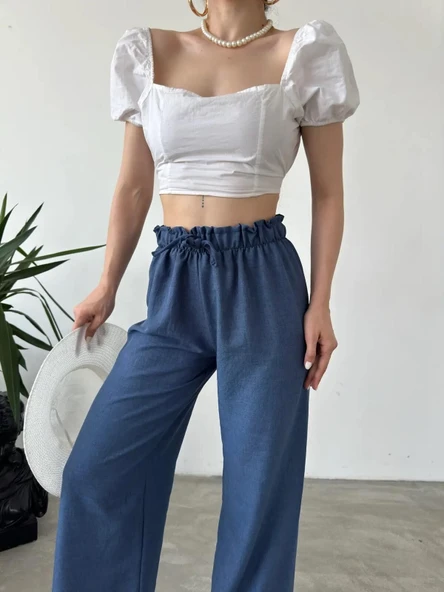 Yüksek Bel Beli Büzgülü Pantolon