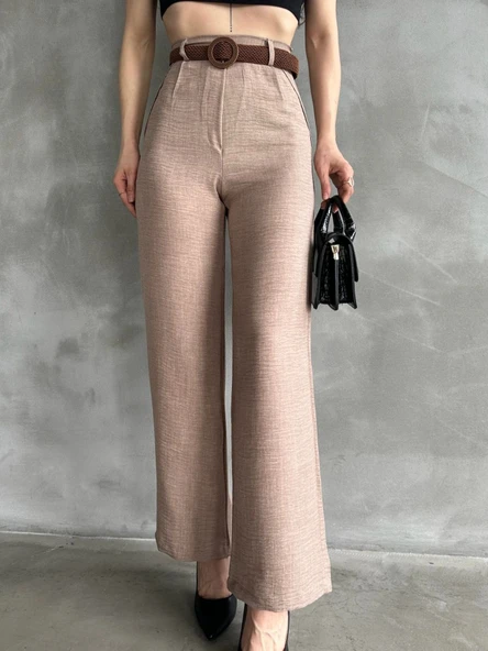 Beli Kemerli Keten Pantolon - KAHVE