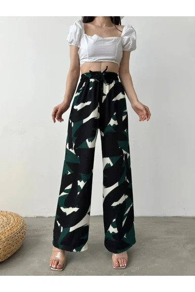 Desenli Beli Lastikli Bürümcük Pantolon-SİYAH
