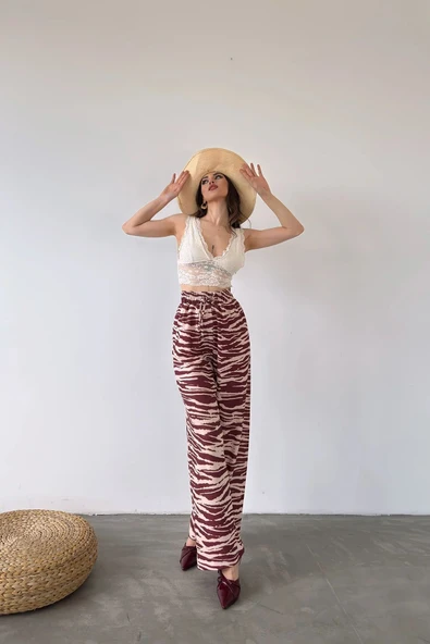 Desenli Belden Lastikli Pantolon - KAHVE DESENLİ