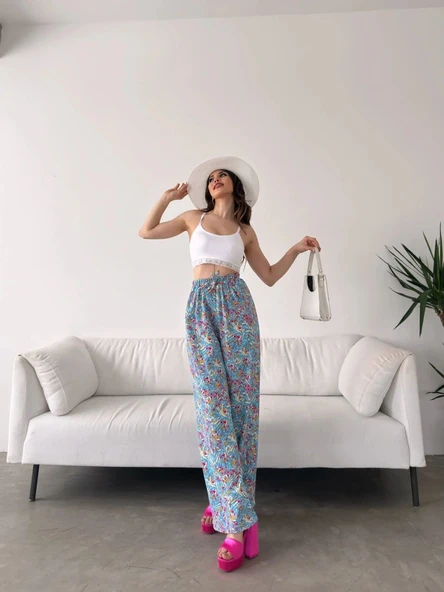 Desenli Beli Lastikli Bürümcük Pantolon - MAVİ