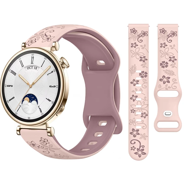 Huawei Watch GT4 41mm Uyumlu FloraFlex Çiçek Desenli Yumuşak Soft Silikon Kordon  Pembe ürün görseli