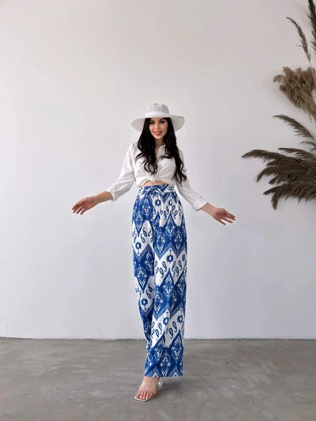 Desenli Beli Lastikli Bürümcük Pantolon -MAVİ-BEYAZ