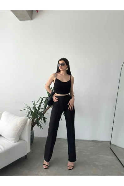Yüksek Bel Önü Biyeli Pantolon - SİYAH