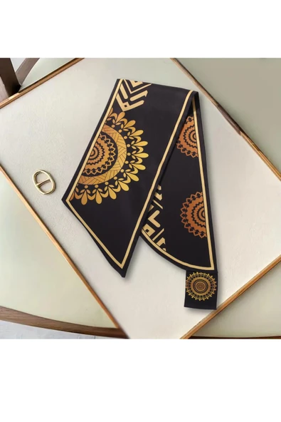 Walkenzo Etnik Altın Mandala Desenli Şık Özel Tasarım Kadın Kravat Fular - Resim 4