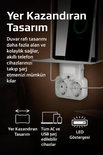 Akım Korumalı Çok Fonksiyonlu Priz  Çift USB Girişli LED Işıklı Akıllı Priz Telefon Standlı - 3