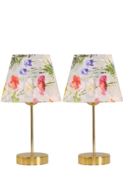 Star Gold Ayaklı Abajur Çiçek Desenli Kumaş Başlık Yatak Odası Salon Masa Lambası 2 Adet ürün görseli