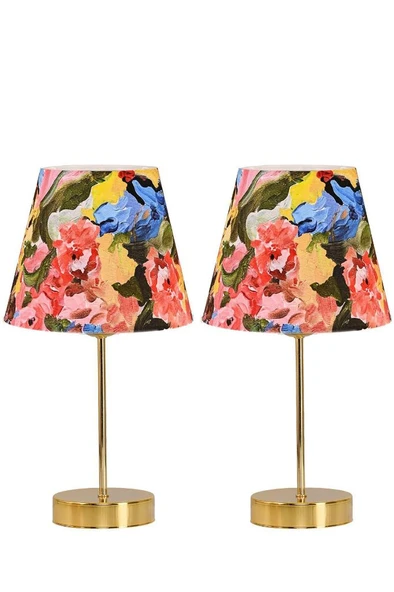 Star Gold Ayaklı Abajur Yağlı Boya Sanat Desenli Kumaş Başlık Yatak Odası Salon Masa Lambası 2 Adet ürün görseli