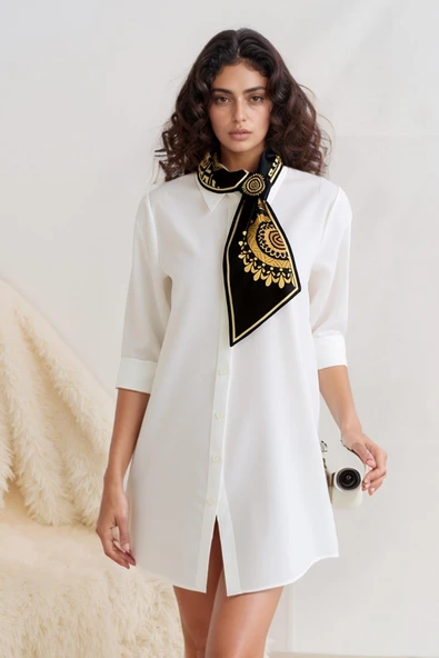 Walkenzo Etnik Altın Mandala Desenli Şık Özel Tasarım Kadın Kravat Fular - Resim 2