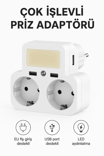 Akım Korumalı Çok Fonksiyonlu Priz  Çift USB Girişli LED Işıklı Akıllı Priz Telefon Standlı