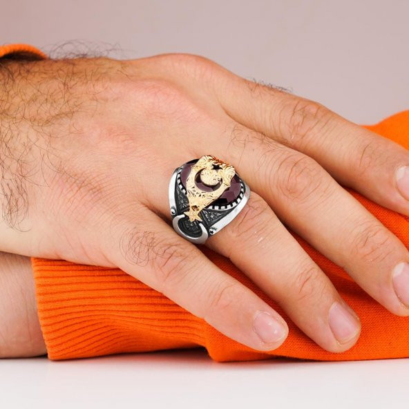 Büyük Oval Kırmızı Zirkon Taşlı Ay Yıldız Tasarımlı 925 Ayar Gümüş Yüzük - Resim 2