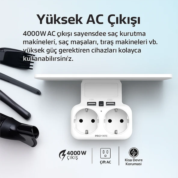 Akım Korumalı Çok Fonksiyonlu Priz  Çift USB Girişli LED Işıklı Akıllı Priz Telefon Standlı - 4