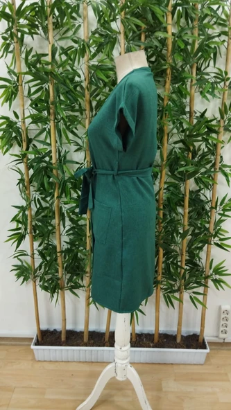 Kadın Kısa Kollu V Yakalı önden Düğmeli Belden Kuşaklı Cepli Sofya Elbise - Resim 6