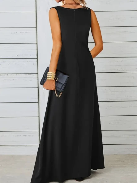 Kadın Kolsuz Kayık Yaka Maksi Janjan Krep Elbise - Resim 4