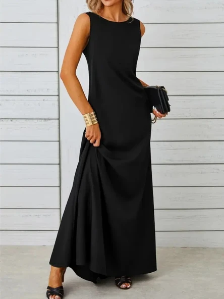 Kadın Kolsuz Kayık Yaka Maksi Janjan Krep Elbise - Resim 2