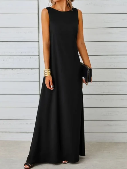 Kadın Kolsuz Kayık Yaka Maksi Janjan Krep Elbise - Resim 5