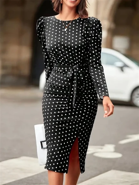 Kadın Uzun Kollu Yuvarlak Yaka Belden Kuşaklı önden Yırtmaçlı örme Krep Elbise - Resim 2