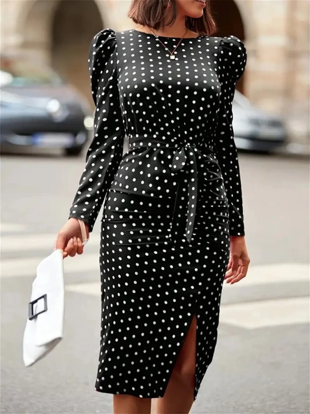 Kadın Uzun Kollu Yuvarlak Yaka Belden Kuşaklı önden Yırtmaçlı örme Krep Elbise - Resim 4